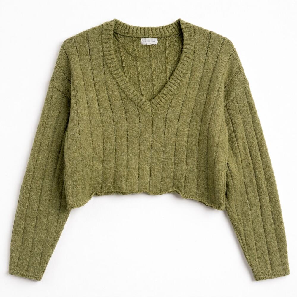 Olive Green Minimalist CBK Poetcore‎ Cozy Oversized Crop Sweater Textured Ribbed